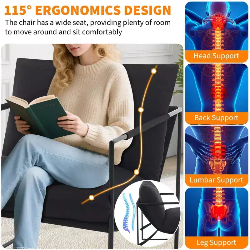 Fauteuil d'appoint Sling avec cadre en métal, fauteuil de salon moderne et confortable, fauteuil de lecture rembourré avec coussin en mousse déchiquetée, fauteuil surdimensionné et confortable
