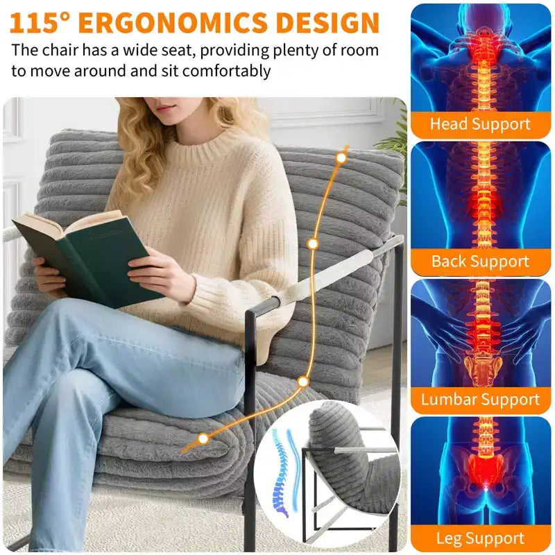Fauteuil d'appoint Sling avec cadre en métal, fauteuil de salon moderne et confortable, fauteuil de lecture rembourré avec coussin en mousse déchiquetée, fauteuil surdimensionné et confortable