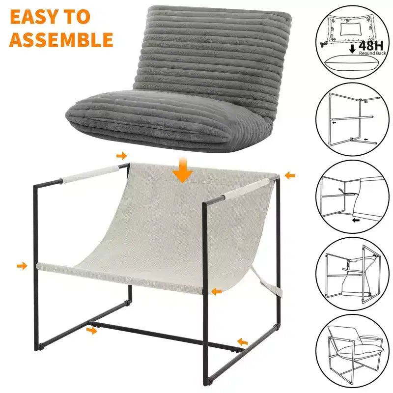 Fauteuil d'appoint Sling avec cadre en métal, fauteuil de salon moderne et confortable, fauteuil de lecture rembourré avec coussin en mousse déchiquetée, fauteuil surdimensionné et confortable