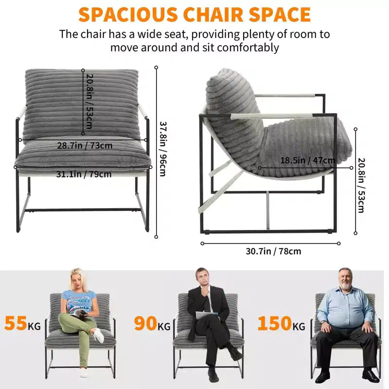 Fauteuil d'appoint Sling avec cadre en métal, fauteuil de salon moderne et confortable, fauteuil de lecture rembourré avec coussin en mousse déchiquetée, fauteuil surdimensionné et confortable
