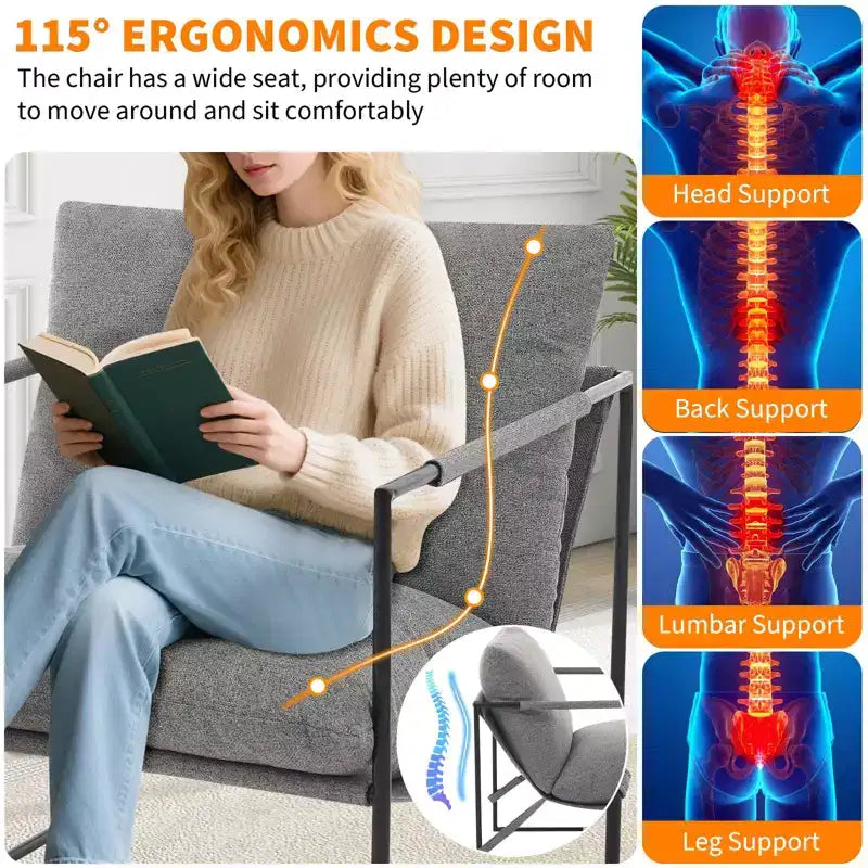 Fauteuil d'appoint Sling avec cadre en métal, fauteuil de salon moderne et confortable, fauteuil de lecture rembourré avec coussin en mousse déchiquetée, fauteuil surdimensionné et confortable