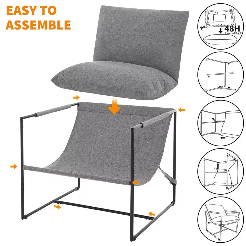Fauteuil d'appoint Sling avec cadre en métal, fauteuil de salon moderne et confortable, fauteuil de lecture rembourré avec coussin en mousse déchiquetée, fauteuil surdimensionné et confortable