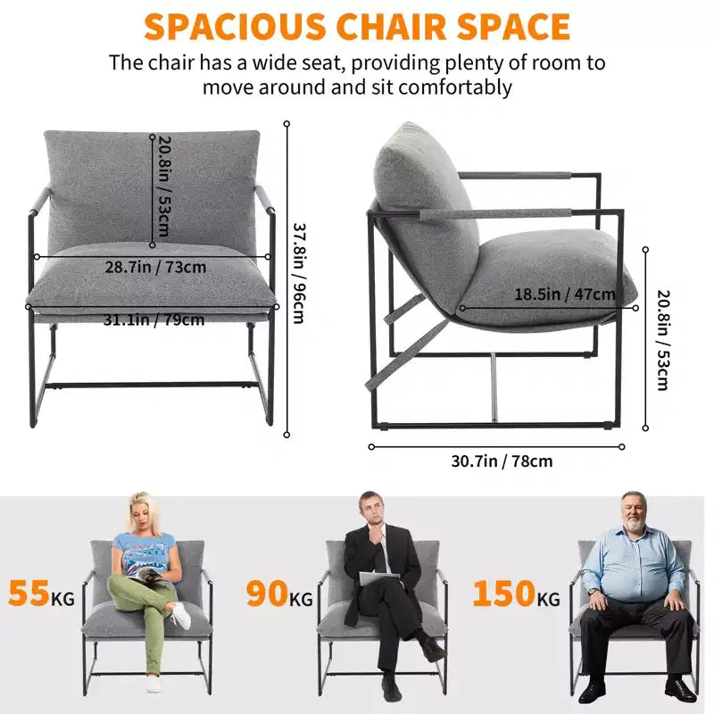 Fauteuil d'appoint Sling avec cadre en métal, fauteuil de salon moderne et confortable, fauteuil de lecture rembourré avec coussin en mousse déchiquetée, fauteuil surdimensionné et confortable