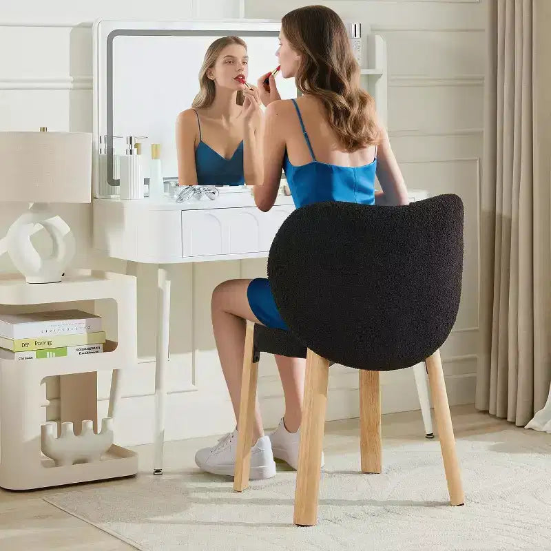 Makeup Chair Comfy Accent Chair, Plush Teddy Fabric, Cute Vanity Chair for Home Office, Bedroom, Dressing Room-2 PCS
