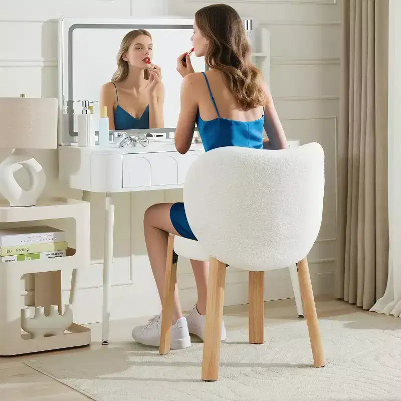 Makeup Chair Comfy Accent Chair, Plush Teddy Fabric, Cute Vanity Chair for Home Office, Bedroom, Dressing Room-2 PCS