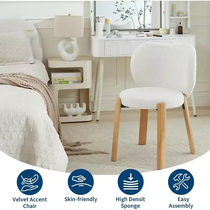 Makeup Chair Comfy Accent Chair, Plush Teddy Fabric, Cute Vanity Chair for Home Office, Bedroom, Dressing Room-2 PCS