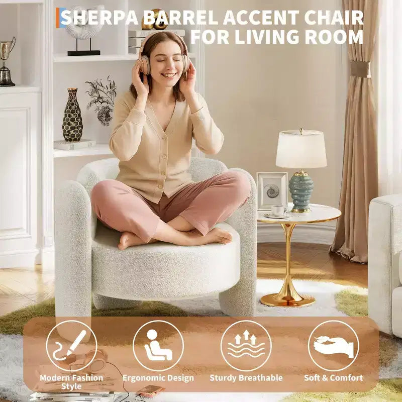 Modern Chenille Accent Armchair Mid-Century Upholstery, Round Corners for Living Room, Bedroom, Office, or Cafe