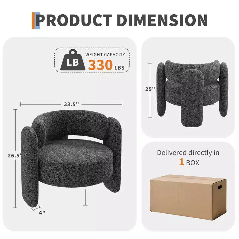 Modern Chenille Accent Armchair Mid-Century Upholstery, Round Corners for Living Room, Bedroom, Office, or Cafe