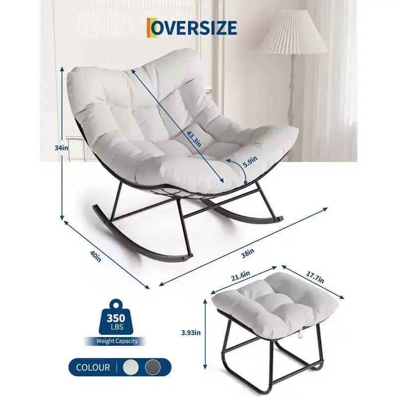 Grand fauteuil de salon avec repose-pieds, chaise berçante Papasan d'extérieur avec pouf et cadre en métal robuste, chaise berçante en rotin en forme d'œuf pour patio