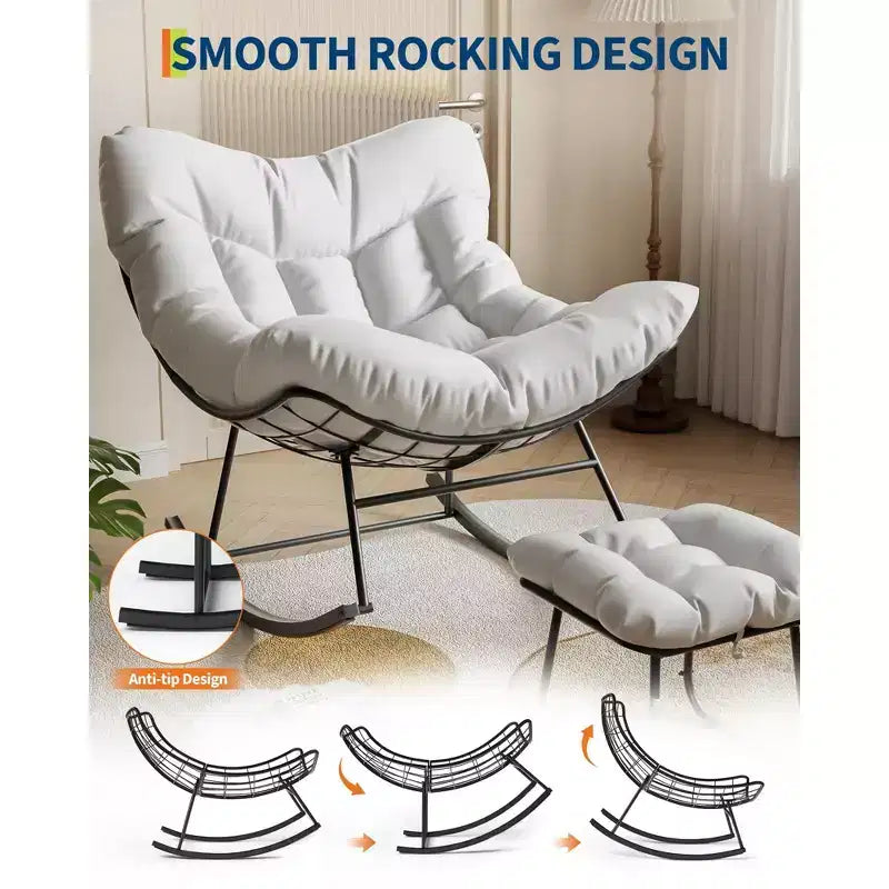 Grand fauteuil de salon avec repose-pieds, chaise berçante Papasan d'extérieur avec pouf et cadre en métal robuste, chaise berçante en rotin en forme d'œuf pour patio