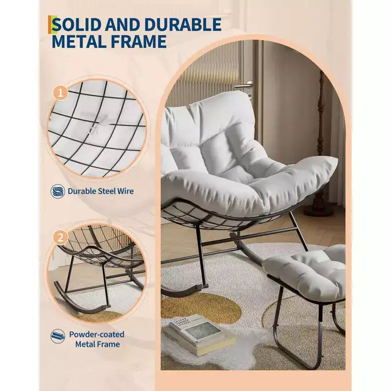 Grand fauteuil de salon avec repose-pieds, chaise berçante Papasan d'extérieur avec pouf et cadre en métal robuste, chaise berçante en rotin en forme d'œuf pour patio
