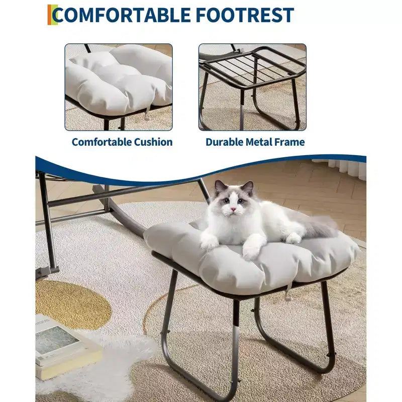 Grand fauteuil de salon avec repose-pieds, chaise berçante Papasan d'extérieur avec pouf et cadre en métal robuste, chaise berçante en rotin en forme d'œuf pour patio