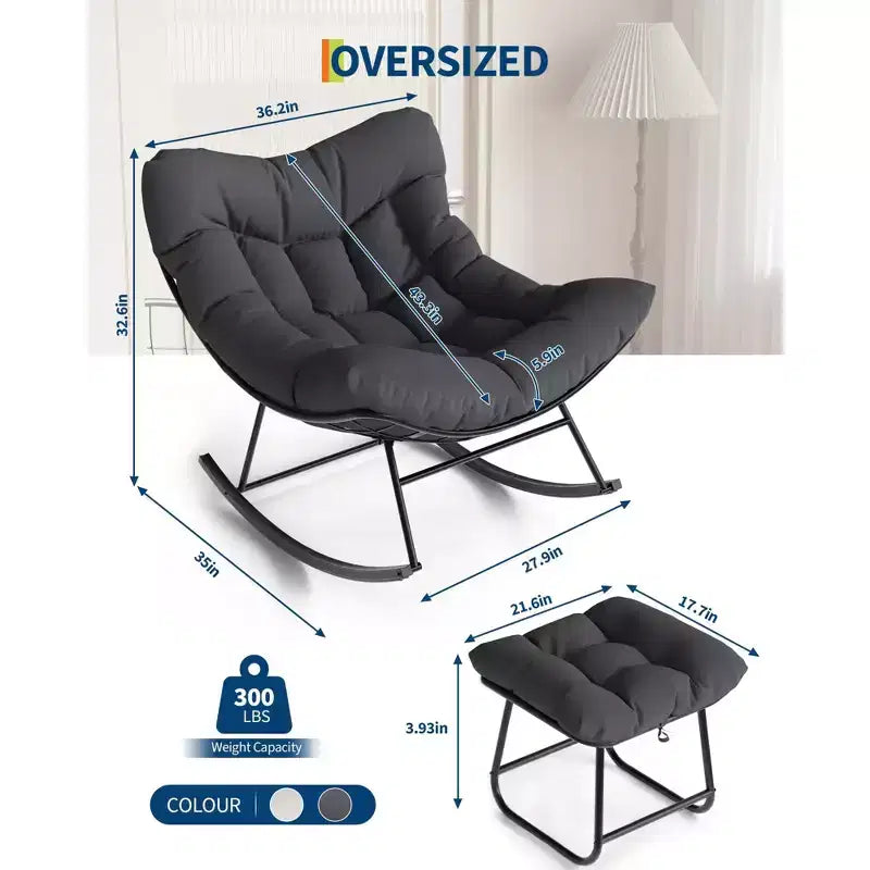 Grand fauteuil de salon avec repose-pieds, chaise berçante Papasan d'extérieur avec pouf et cadre en métal robuste, chaise berçante en rotin en forme d'œuf pour patio