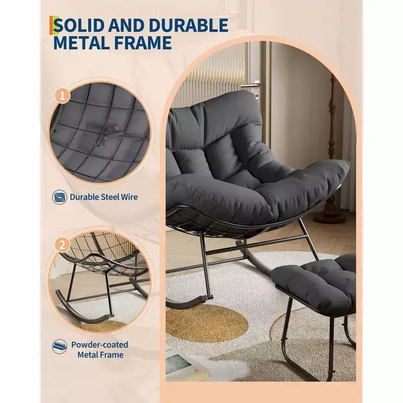 Grand fauteuil de salon avec repose-pieds, chaise berçante Papasan d'extérieur avec pouf et cadre en métal robuste, chaise berçante en rotin en forme d'œuf pour patio