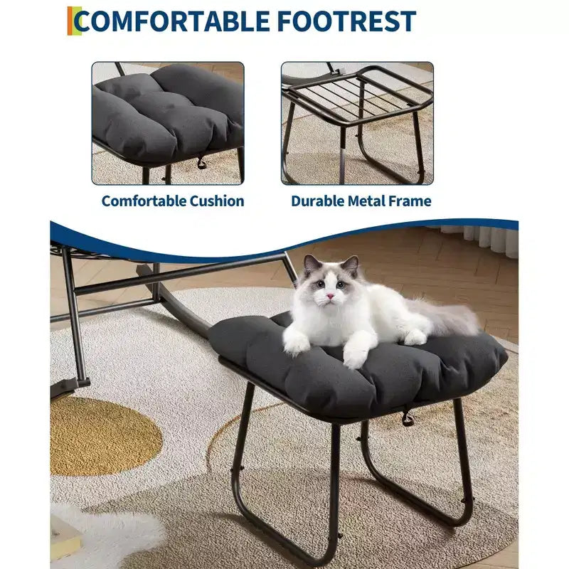 Grand fauteuil de salon avec repose-pieds, chaise berçante Papasan d'extérieur avec pouf et cadre en métal robuste, chaise berçante en rotin en forme d'œuf pour patio