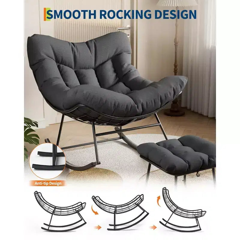 Grand fauteuil de salon avec repose-pieds, chaise berçante Papasan d'extérieur avec pouf et cadre en métal robuste, chaise berçante en rotin en forme d'œuf pour patio