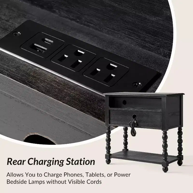 Table d'appoint haute de 30 po à 2 tiroirs avec prises de recharge intégrées