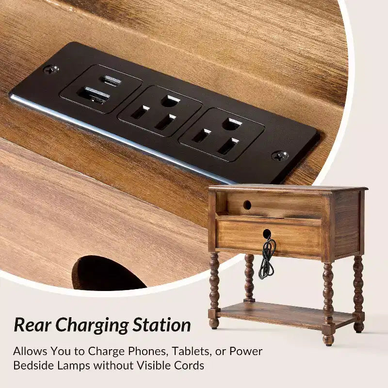 Table d'appoint haute de 30 po à 2 tiroirs avec prises de recharge intégrées