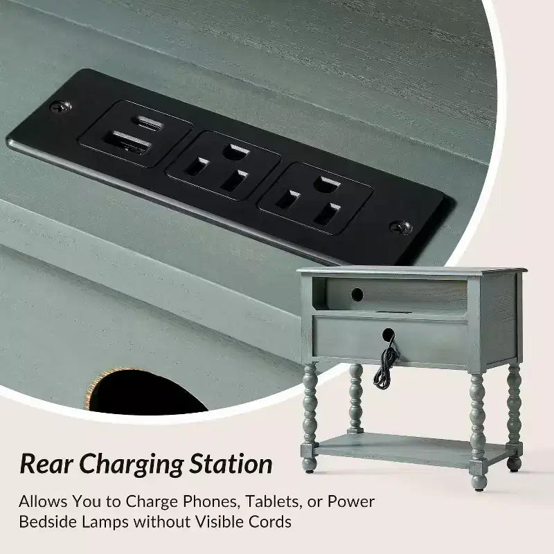 Table d'appoint haute de 30 po à 2 tiroirs avec prises de recharge intégrées