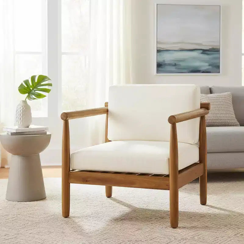 Homy Casa Acacia Wood Accent Lounge Chair with Cushioned Seat and Back, Natural