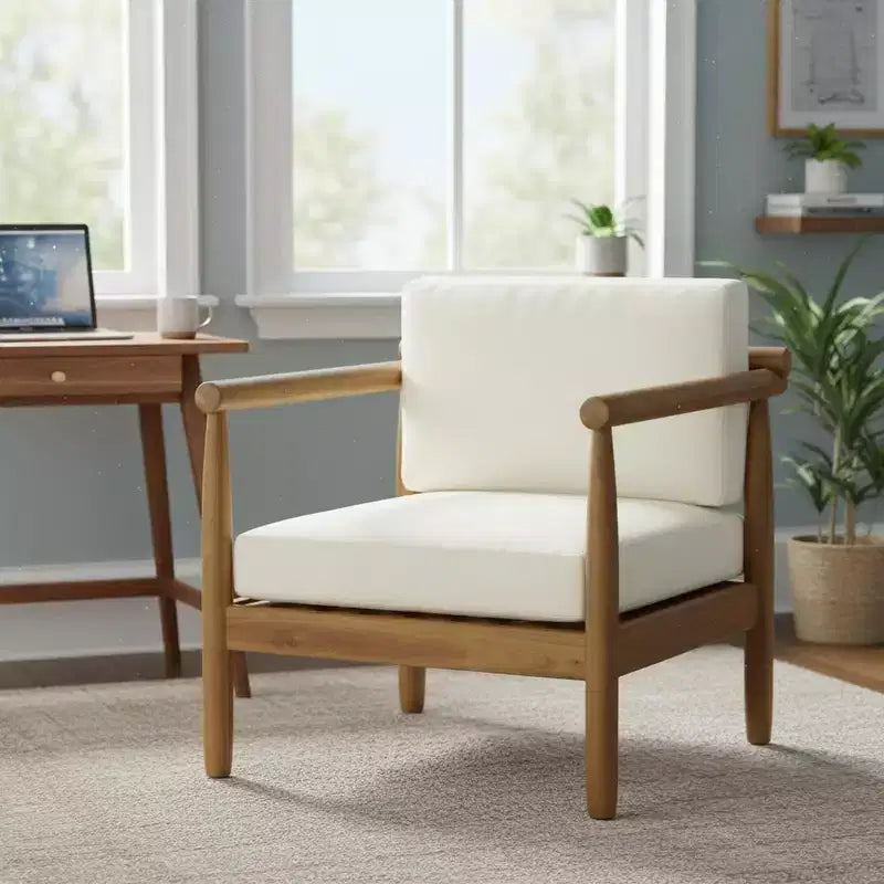 Fauteuil d'appoint Homy Casa en bois d'acacia avec assise et dossier rembourrés, naturel