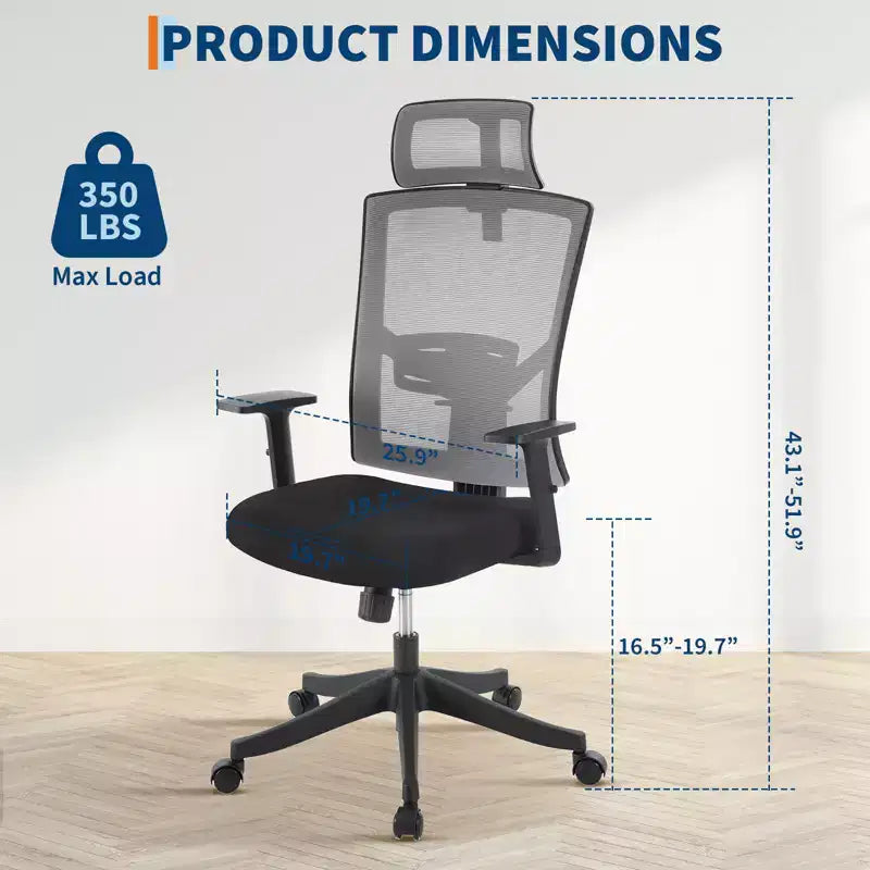 Chaise de bureau ergonomique à dossier haut, support lombaire et appui-tête réglables, chaise pivotante avec accoudoirs relevables, chaise de bureau en maille réglable en hauteur et inclinable