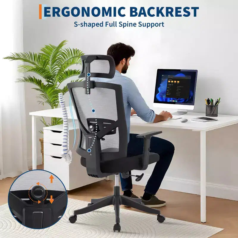 Chaise de bureau ergonomique à dossier haut, support lombaire et appui-tête réglables, chaise pivotante avec accoudoirs relevables, chaise de bureau en maille réglable en hauteur et inclinable