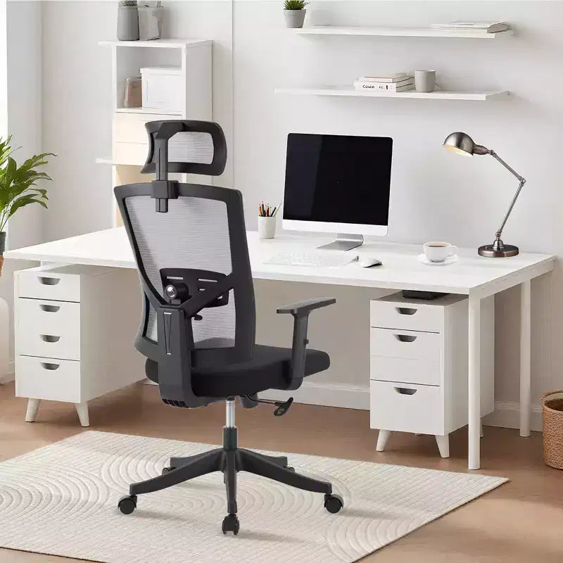 Chaise de bureau ergonomique à dossier haut, support lombaire et appui-tête réglables, chaise pivotante avec accoudoirs relevables, chaise de bureau en maille réglable en hauteur et inclinable