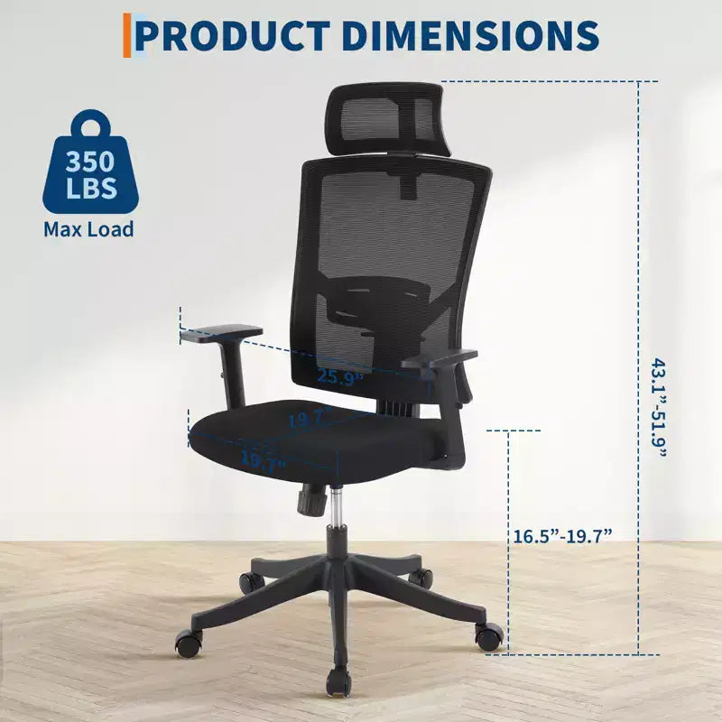 Chaise de bureau ergonomique à dossier haut, support lombaire et appui-tête réglables, chaise pivotante avec accoudoirs relevables, chaise de bureau en maille réglable en hauteur et inclinable