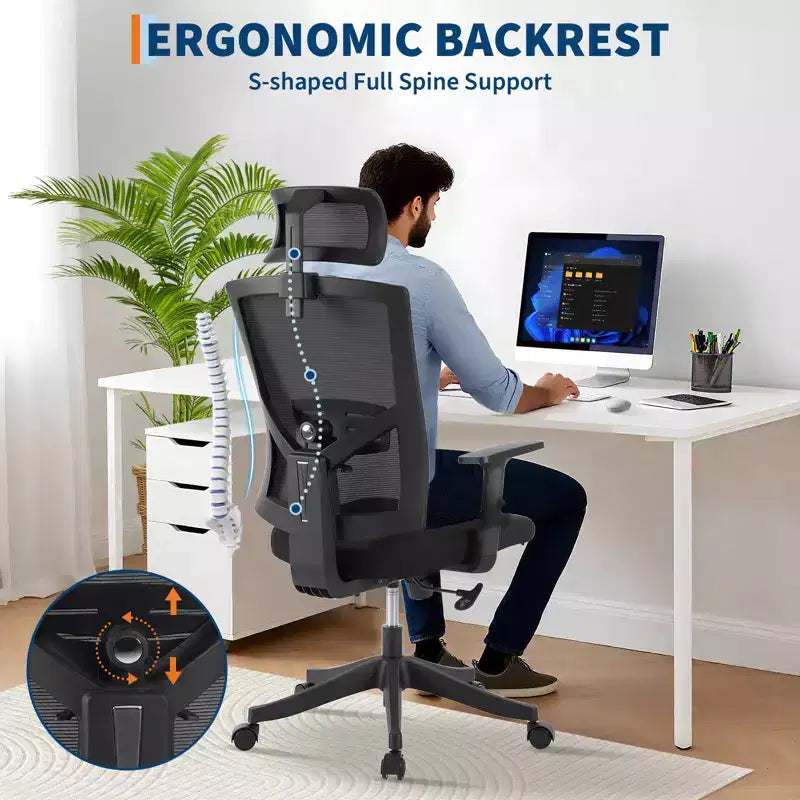 Chaise de bureau ergonomique à dossier haut, support lombaire et appui-tête réglables, chaise pivotante avec accoudoirs relevables, chaise de bureau en maille réglable en hauteur et inclinable
