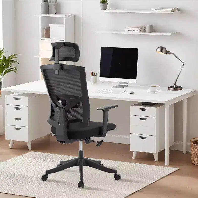 Chaise de bureau ergonomique à dossier haut, support lombaire et appui-tête réglables, chaise pivotante avec accoudoirs relevables, chaise de bureau en maille réglable en hauteur et inclinable