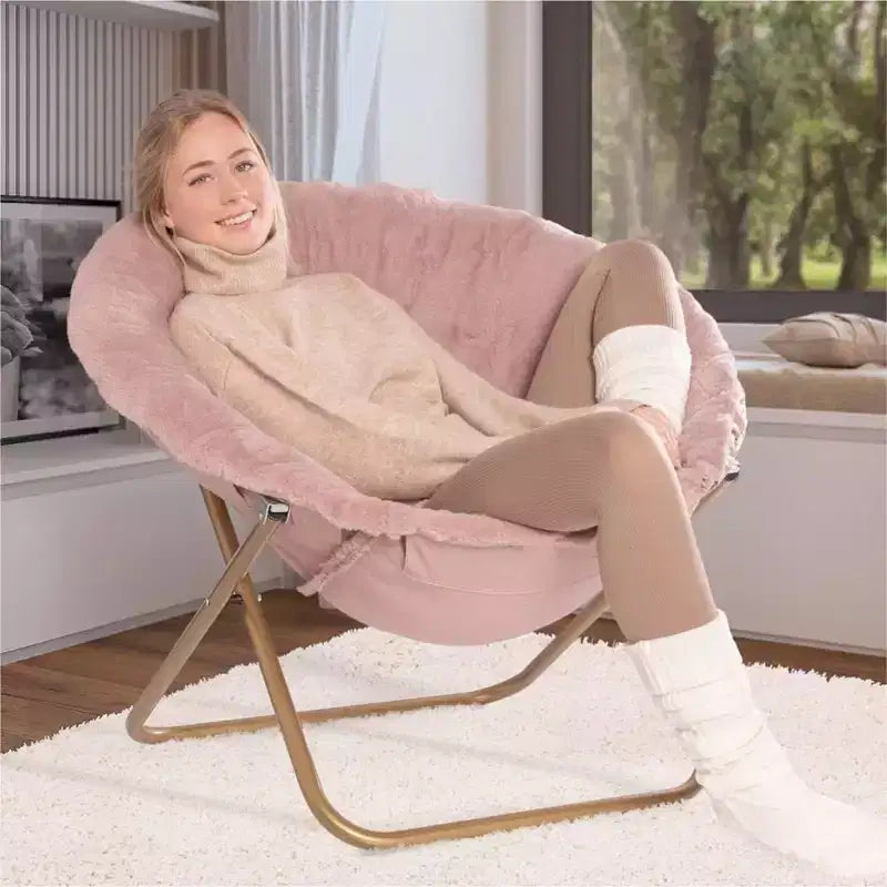 Folding Saucer Chairs, Comfy Flower-Shaped Faux Fur Round Chair with Thick Cushion & Sturdy Metal Frame, Oversized Plush Foldable Moon Chair