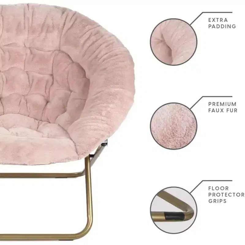 Folding Saucer Chairs, Comfy Flower-Shaped Faux Fur Round Chair with Thick Cushion & Sturdy Metal Frame, Oversized Plush Foldable Moon Chair
