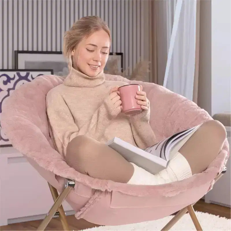 Folding Saucer Chairs, Comfy Flower-Shaped Faux Fur Round Chair with Thick Cushion & Sturdy Metal Frame, Oversized Plush Foldable Moon Chair