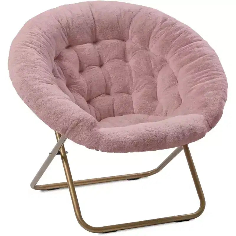 Folding Saucer Chairs, Comfy Flower-Shaped Faux Fur Round Chair with Thick Cushion & Sturdy Metal Frame, Oversized Plush Foldable Moon Chair