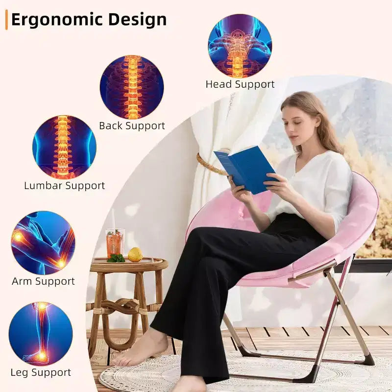 Folding Saucer Chairs, Comfy Flower-Shaped Faux Fur Round Chair with Thick Cushion & Sturdy Metal Frame, Oversized Plush Foldable Moon Chair