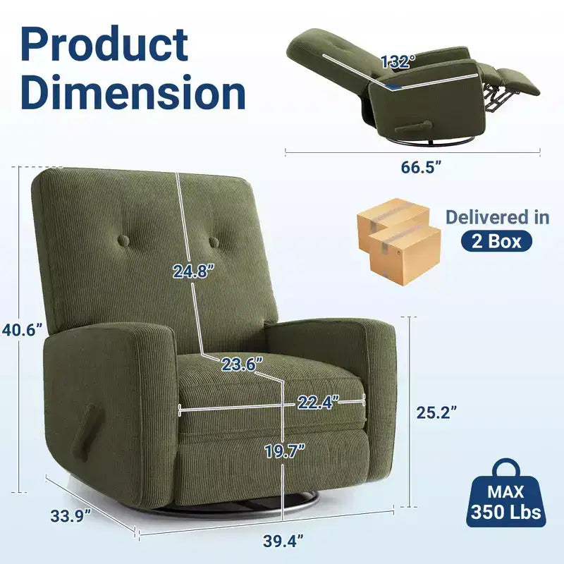 Manual 360 Swivel Rocker Recliner Chair, Overstuffed Glider Chair with Side Pockets, for Living Room, Bedroom, Office