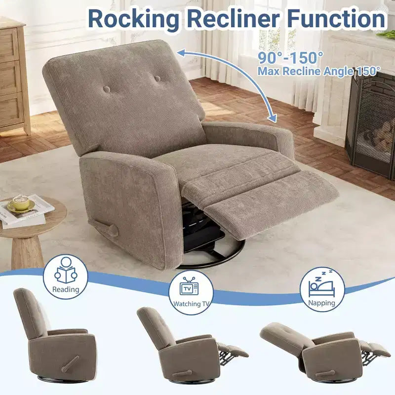 Manual 360 Swivel Rocker Recliner Chair, Overstuffed Glider Chair with Side Pockets, for Living Room, Bedroom, Office