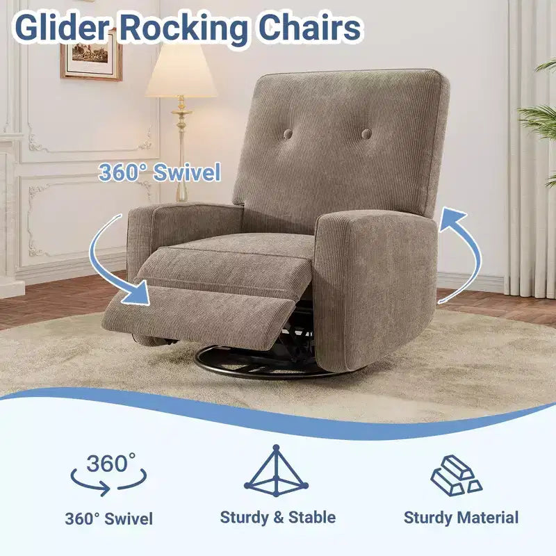 Manual 360 Swivel Rocker Recliner Chair, Overstuffed Glider Chair with Side Pockets, for Living Room, Bedroom, Office