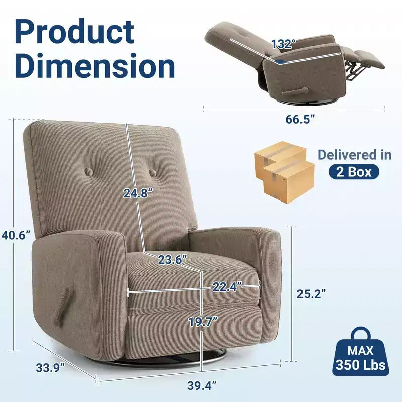 Manual 360 Swivel Rocker Recliner Chair, Overstuffed Glider Chair with Side Pockets, for Living Room, Bedroom, Office