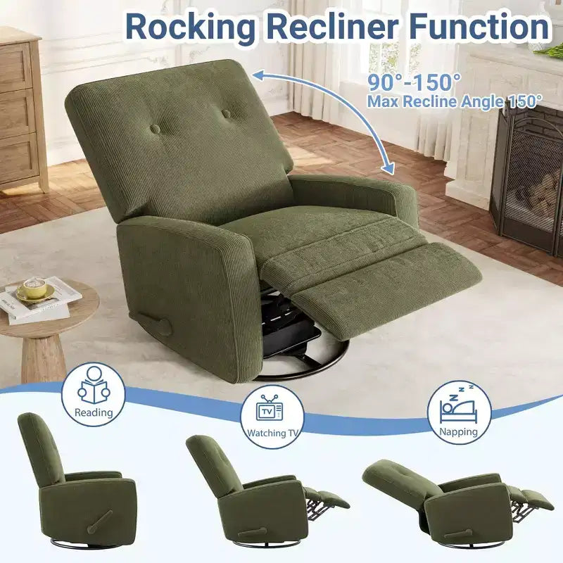 Manual 360 Swivel Rocker Recliner Chair, Overstuffed Glider Chair with Side Pockets, for Living Room, Bedroom, Office