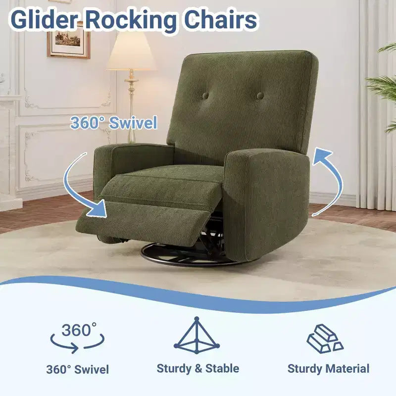 Manual 360 Swivel Rocker Recliner Chair, Overstuffed Glider Chair with Side Pockets, for Living Room, Bedroom, Office