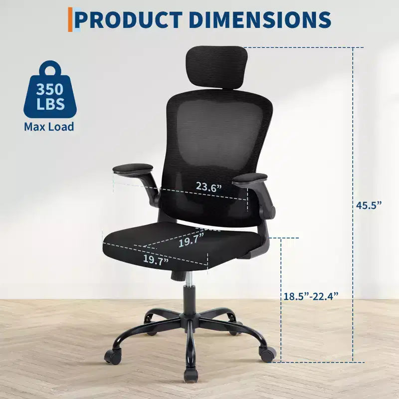 Fauteuil de bureau avec appui-tête, Chaise de bureau en maille avec soutien dorsal et accoudoirs réglables, Chaise de travail ergonomique à dossier haut et roulettes pour l'étude