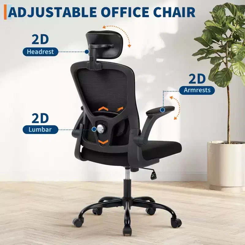 Fauteuil de bureau avec appui-tête, Chaise de bureau en maille avec soutien dorsal et accoudoirs réglables, Chaise de travail ergonomique à dossier haut et roulettes pour l'étude