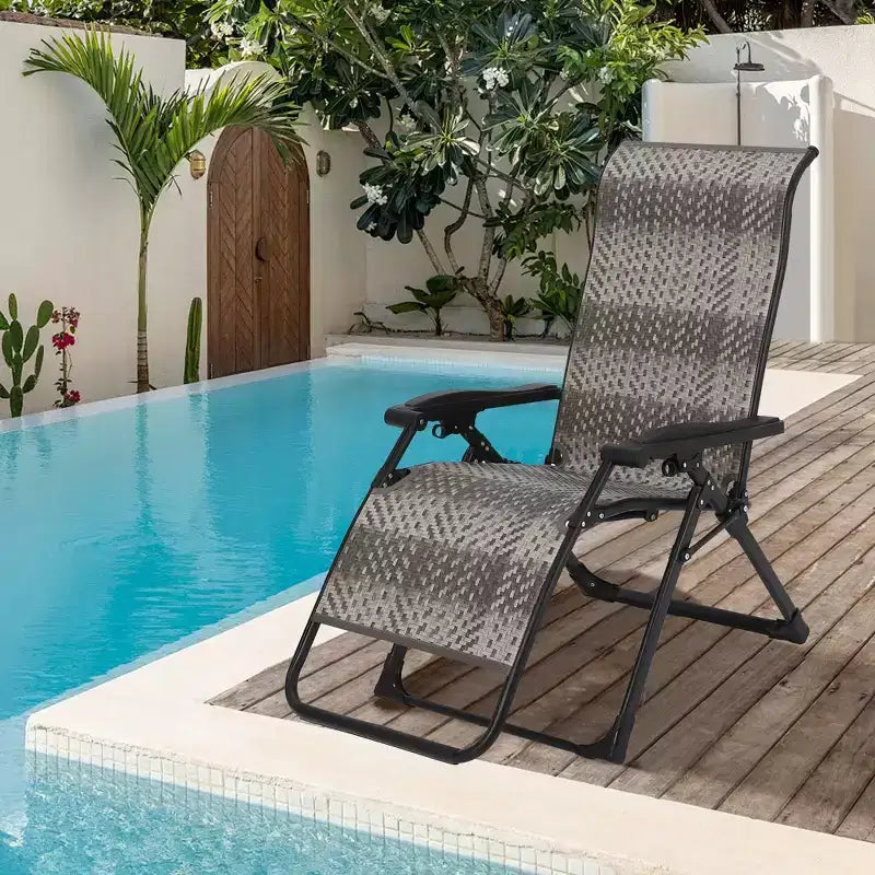 1 chaise longue pliante inclinable en rotin pour patio, réglable et portable, cadre en tube de fer