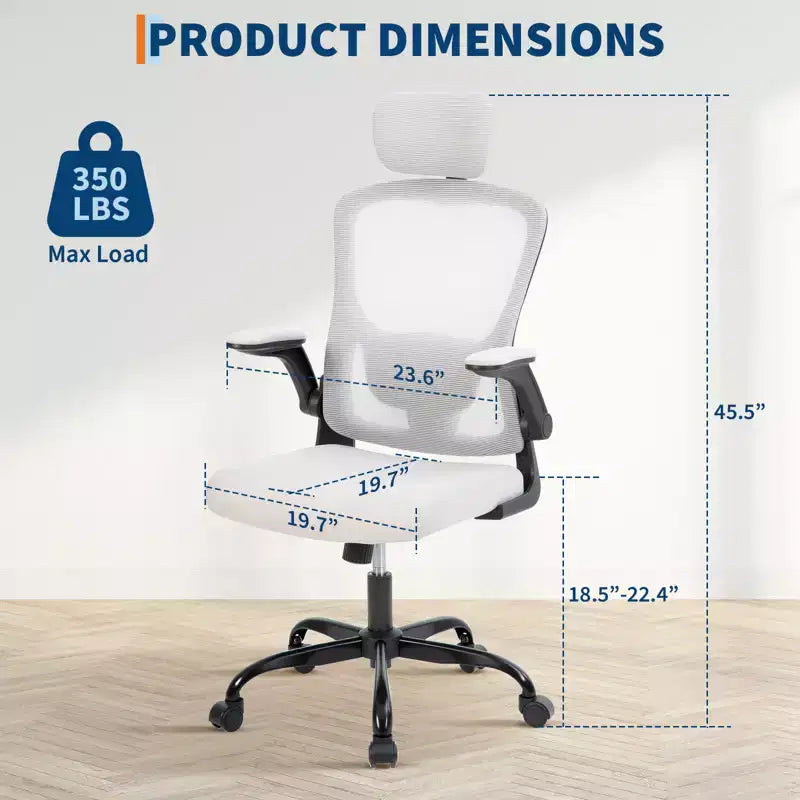 Chaise de bureau ergonomique, Chaise de bureau pivotante à roulettes, Appui-tête et support lombaire réglables, Chaise à roulettes en maille, Accoudoirs relevables