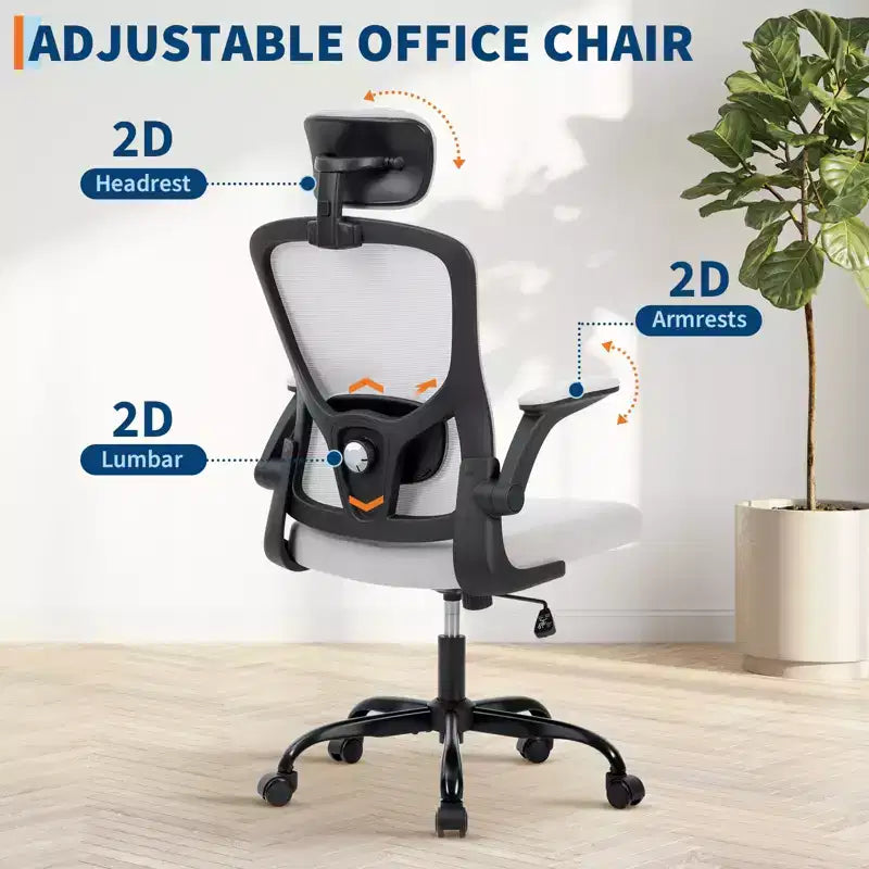 Chaise de bureau ergonomique, Chaise de bureau pivotante à roulettes, Appui-tête et support lombaire réglables, Chaise à roulettes en maille, Accoudoirs relevables