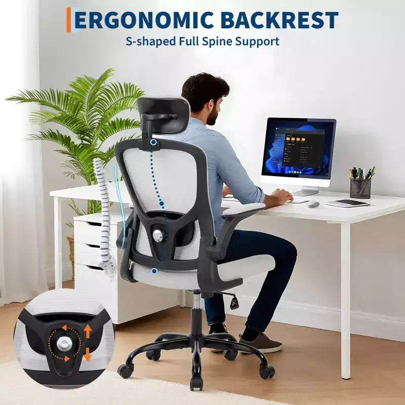 Chaise de bureau ergonomique, Chaise de bureau pivotante à roulettes, Appui-tête et support lombaire réglables, Chaise à roulettes en maille, Accoudoirs relevables