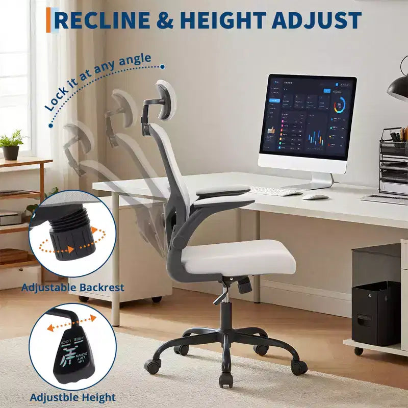 Chaise de bureau ergonomique, Chaise de bureau pivotante à roulettes, Appui-tête et support lombaire réglables, Chaise à roulettes en maille, Accoudoirs relevables