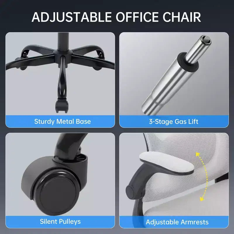 Chaise de bureau ergonomique, Chaise de bureau pivotante à roulettes, Appui-tête et support lombaire réglables, Chaise à roulettes en maille, Accoudoirs relevables